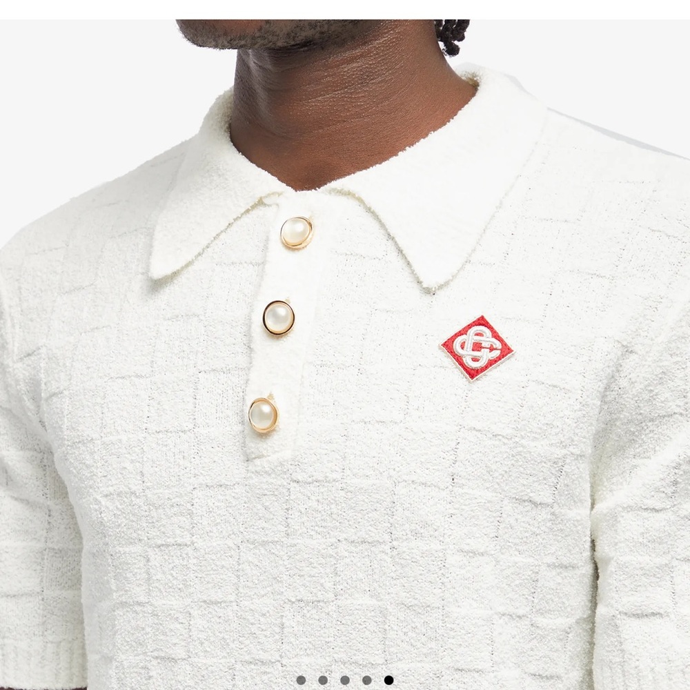 Casablanca White Textured Polo Shirt w/ Pearl Buttons